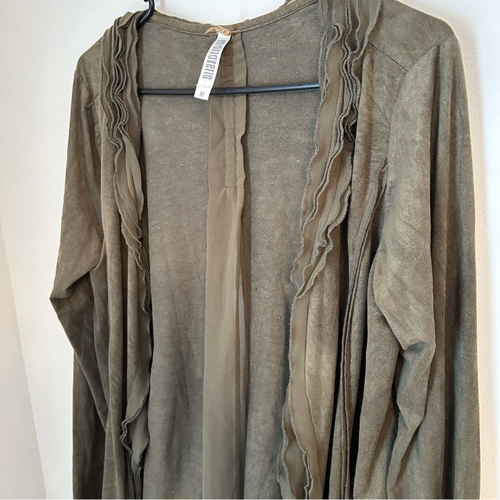 Mariaretto Medium Olive Green Cardigan Open Front Ruffle Detail Long‎ Sleeve